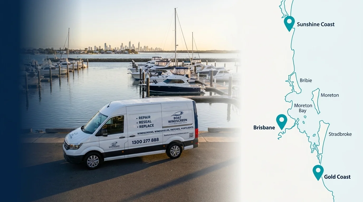 Boat Windscreen Solutions branded service van parked at a South-East Queensland marina, mobile across the Sunshine Coast, Brisbane and the Gold Coast
