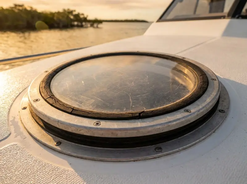 Boat deck hatch resealed and re-lensed, clear and watertight
